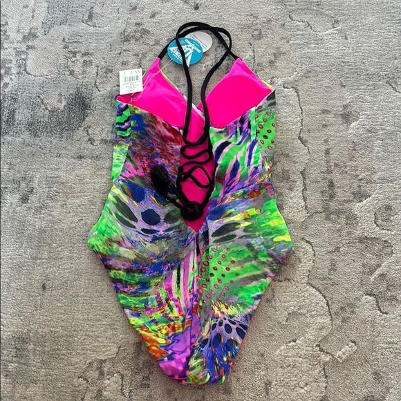 Green and Pink One Piece Swimsuit with Vibrant Design - Picture 7 of 11